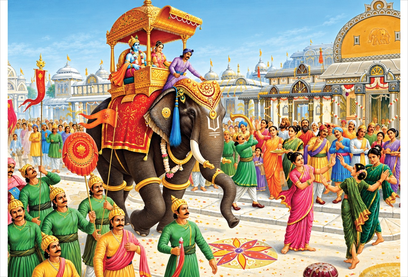 कृष्ण-रुक्मिणी विवाह वरात — श्रीकृष्ण आणि रुक्मिणी हत्तीवरील अंबारीत विराजमान होऊन द्वारिकेतून निघालेली वरात