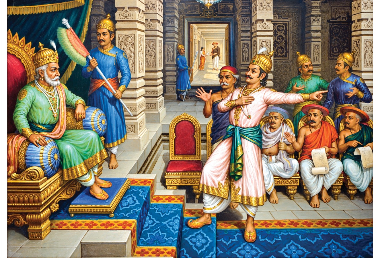 भीष्मक राजाच्या राजसभेत रुक्मी श्रीकृष्ण-रुक्मिणी विवाहाला विरोध व्यक्त करताना