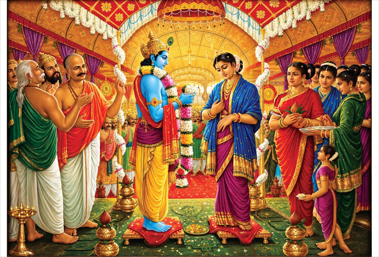 सुमुहूर्त सावधान — विवाहमंडपात श्रीकृष्ण रुक्मिणीला वरमाला घालताना